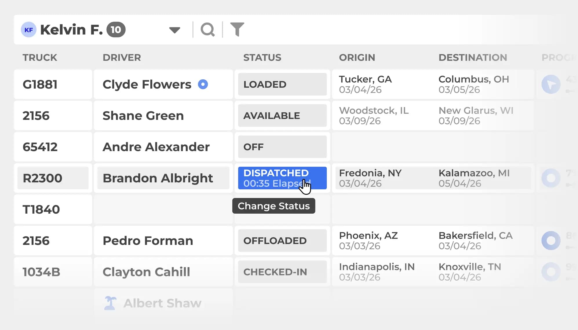 Dispatch board with driver status overview