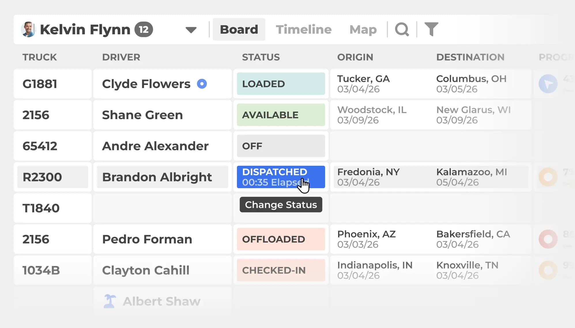 Live dispatch board for managing trucks, drivers, loads, and trip status in one centralized view.