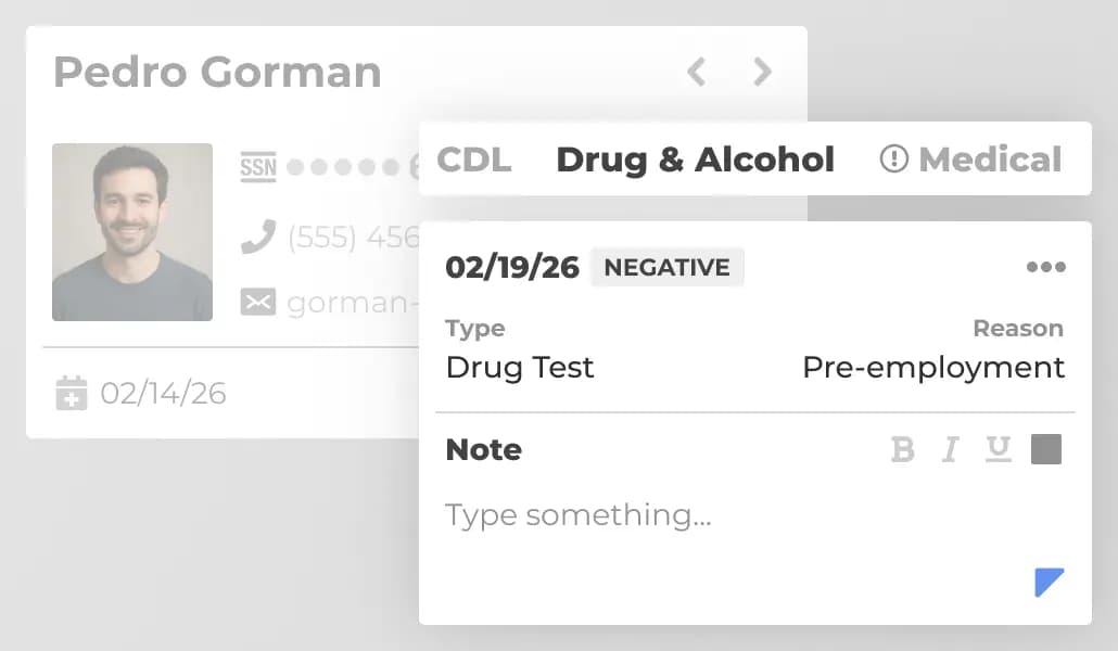 Driver compliance management for CDL, drug tests, and medical records.