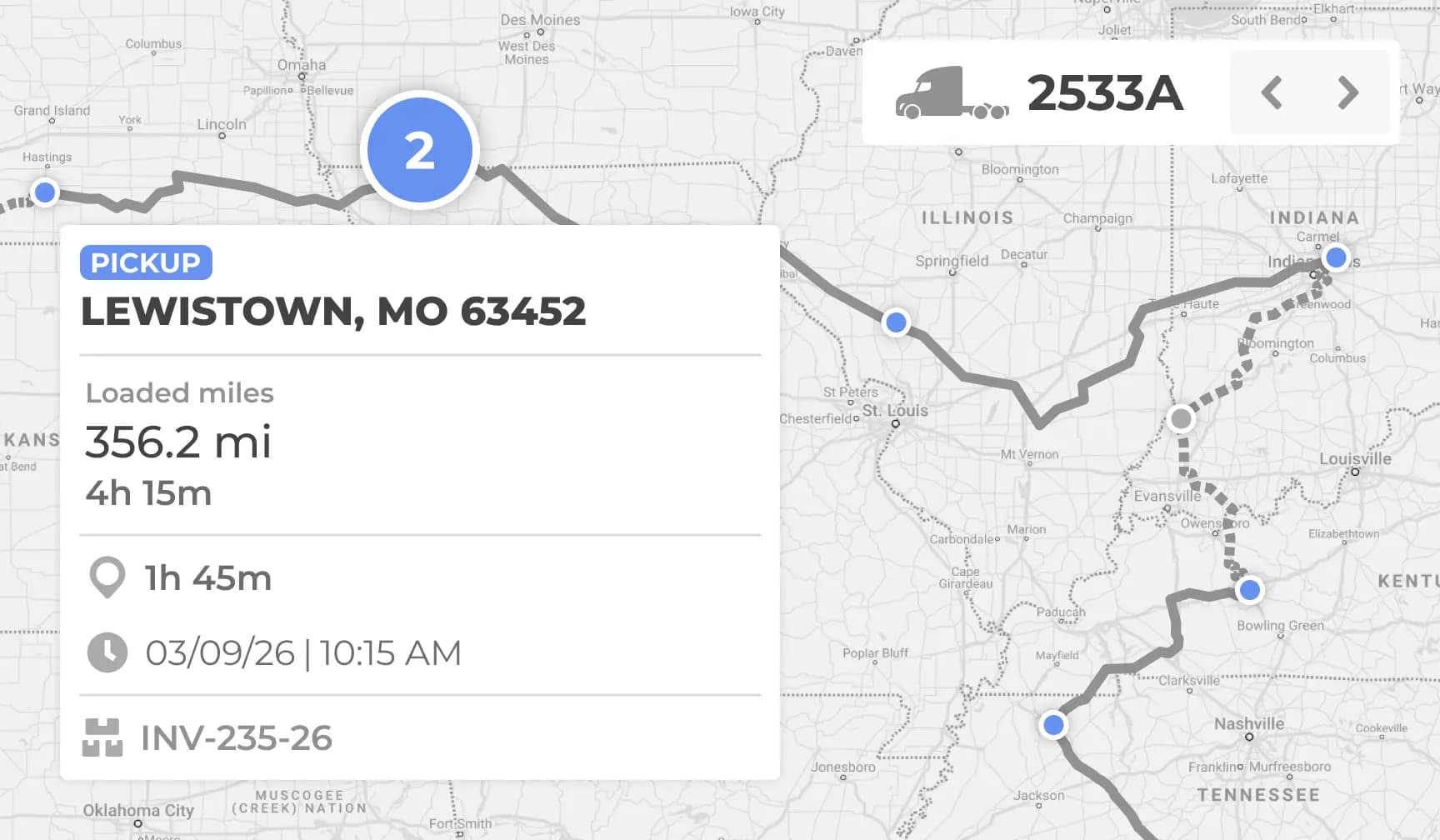 Miles and mileage overview with route metrics, stops, and IFTA-ready logs.