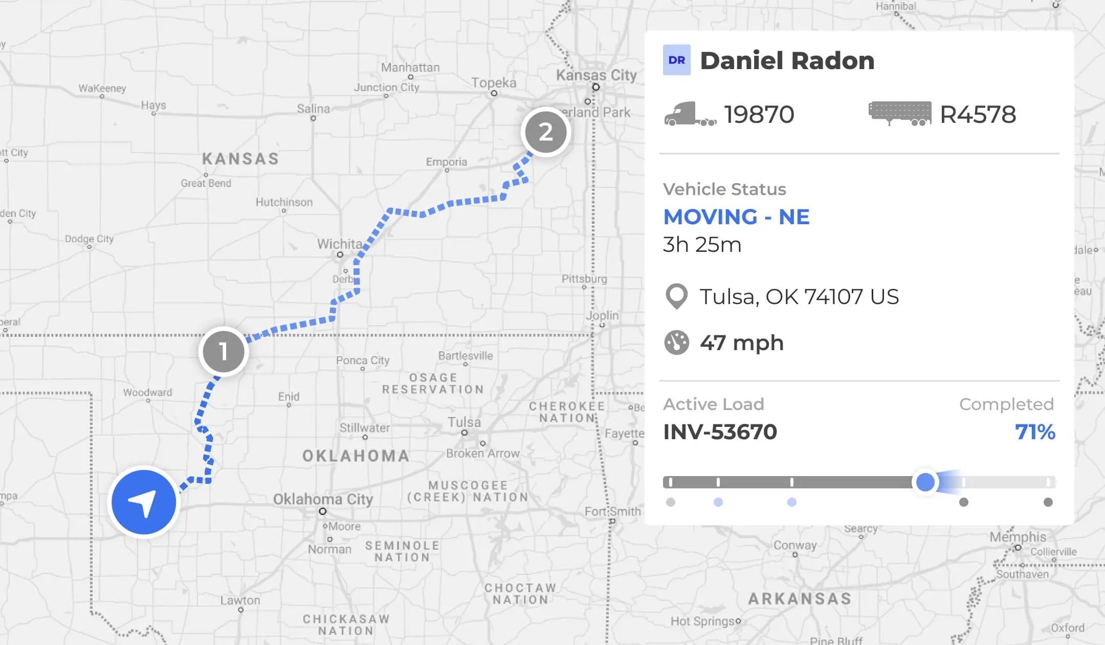 Interactive load tracking map with route overview, pickup details, and trip distance analytics.